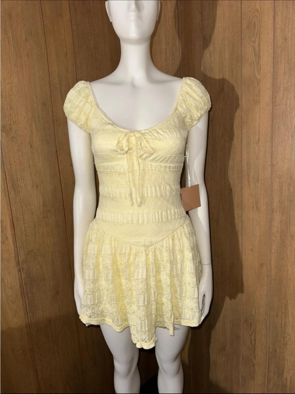 Pale Yellow Lace Mini Dress with Tie Front